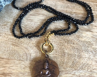 Black Onyx Long Necklace Stone of protection, strength, Vintage Thailand Buddha Amulet Pendant, Empowered boho necklace, meditation gift