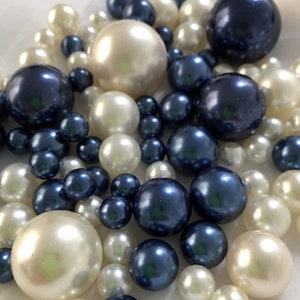 100 Navy Blue And Ivory Pearls - Wedding  Event  Party Centerpieces, Vase Filler Pearls Decor, Use for make up brush holder, DIY Crafting