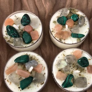 New Beginnings tealight mantra candles,  ritual affirmation intention candles with crystals and herbs, all natural soy candle, woodsy scent
