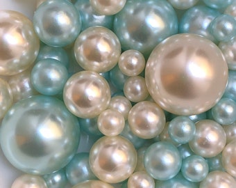 100 Light Blue And Ivory Pearls - Use For Floating Vase Filler Pearls Decor, Use for make up brush holder