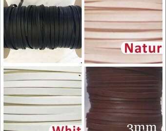 May include: Four spools of leather cord in different colors: black, white, brown, and beige. The cord is 3mm thick. The spools are labeled "Natur", "Whit", and "3mm".