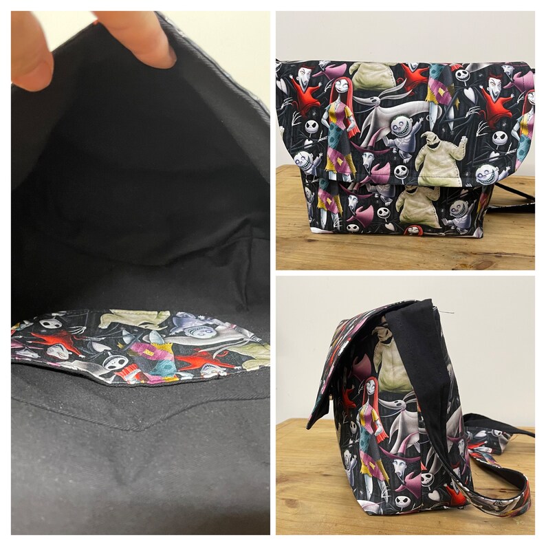 Puede incluir: Un bolso bandolera de tela negro y blanco con estampado de Pesadilla Antes de Navidad. El bolso tiene cierre de solapa y una correa larga ajustable. El interior del bolso es negro con un bolsillo a juego con el estampado de Pesadilla Antes de Navidad.