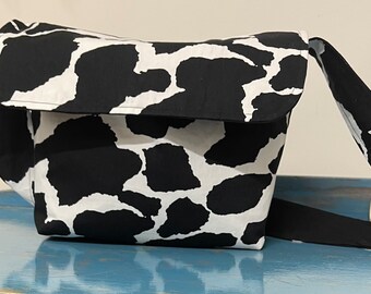 Cow print minimalist bag, animal print messenger bag, zipped purse.