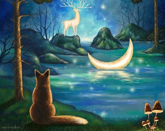 Print from original picture .Night painting.Giclee Print.Illustration.Fairytale art.Moon Fox art.Deer art.Crescent.Magic Lake.Woodland art