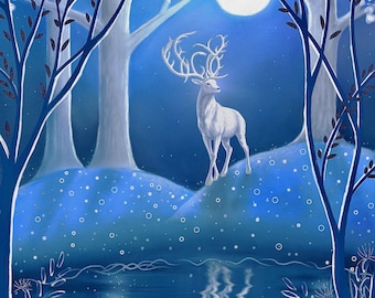 Print from my original artwork.Night painting. Giclee Print. Illustration. Fairytale art. Moon art. Deer art.  Magic Lake. Woodland art