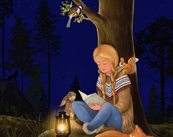 Print from original artwork.Girl reading book. Giclee Print.Illustration.Fairytale art.Rabbit fox squirrel.Woodland art.Wild nature painting