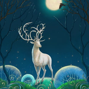 Print from my original artwork.Night painting. Giclee Print. Illustration. Fairytale art. Moon art. Deer art.  Magic Lake. Woodland art