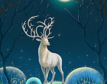 Print from my original artwork.Night painting. Giclee Print. Illustration. Fairytale art. Moon art. Deer art.  Magic Lake. Woodland art