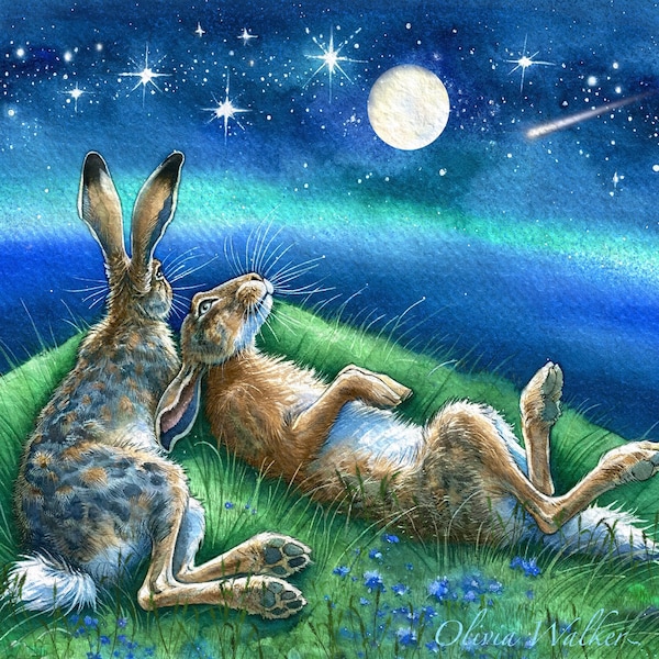 Print 10x10 from  my original artwork. Night painting. Giclee Fine Art Print. Illustration. Fairy tale art.  Hare art. Moon rabbit
