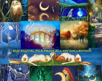 Any 1 digital file for download !Night Illustration. Fairytale art. Magic art. Woodland art. Owl. Fox. Rabbit. Deer. Moon.