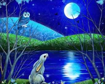 Very Big Print of my original artwork. Night painting. Giclee Fine Art Print. Illustration. Fairy tale art. Owl art. Hare art. Moon rabbit