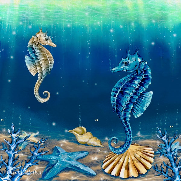 Giclee print.  Under the Sea.  Under the water. Undersea Landscape. Underwater seascape.  Seahorse art .