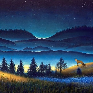 Print from my original artwork. Night painting. Giclee Print. Illustration. Fairytale art.  Fox art. Woodland art.  Painting