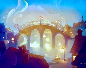 Medium size print from  my original artwork. Night painting. Giclee Fine Art Print. Illustration. Fairy tale art. Stars. Train. Bridge