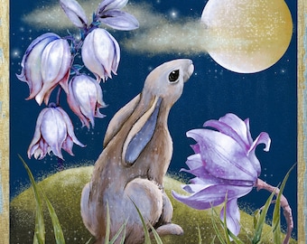 Print from  my original artwork. Night painting. Giclee Fine Art Print. Illustration. Fairy tale art.  Hare art. Moon rabbit