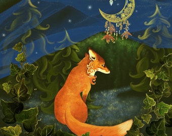 Print from my original artwork. Night painting. Giclee Print. Illustration. Fairytale art. Moon Fox art. Crescent . Woodland art.  Painting