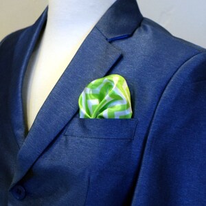 May include: A blue blazer with a green and white patterned pocket square.