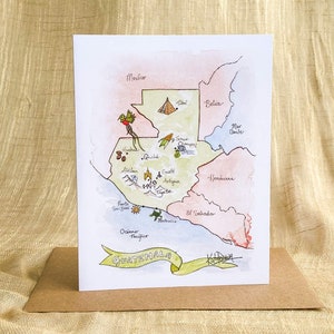 Carte du Guatemala, Guatemala, carte du Guatemala, aquarelle du Guatemala, art du Guatemala, Quetzal, J'aime le Guatemala