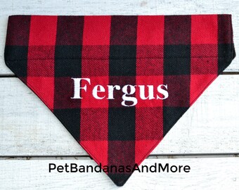 Personalized Plaid Dog Bandana, Buffalo Plaid Flannel Bandanna, Over the Collar Dog Bandana, Black Red Check, Cat Scarf Scarves Lumberjack