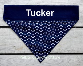 Personalized Dog Bandana Nautical Dog Bandana Over the Collar Dog Bandana Navy Anchor Pet Bandana Summer Cat Scarf Scarves Hearts 23 Fonts