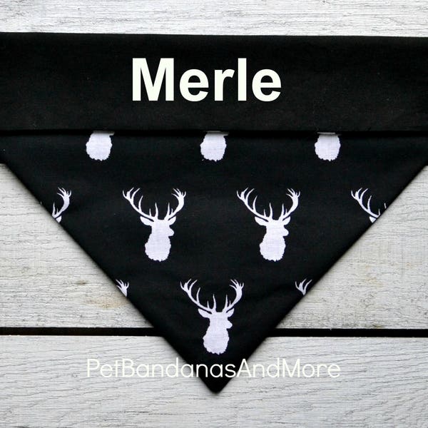 Personalized Dog Bandana Stag Deer Antler Dog Bandana Over the Collar Dog Bandana Black White Pet Bandana Cat Scarf Scarves Hunter 23 Fonts