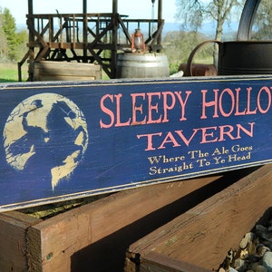 Halloween Distressed Primitive Country Wood Sign and Christmas Ornament - Sleepy Hollow Tavern