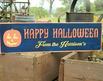 Distressed Primitive Country Holz Schild - Dein Name Happy Halloween Schild 15 x 50 cm