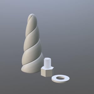 May include: A 3D-rendered image of a white, spiraled horn, a bolt, and a washer. The horn is the primary focus, with a textured surface and a conical shape. The bolt has a hexagonal head, and the washer is a flat ring.
