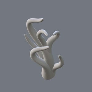 Peut inclure: Une sculpture abstraite en 3D, de couleur blanc cass&eacute; clair. La forme est compos&eacute;e de plusieurs formes organiques courbes qui s'entrelacent et s'&eacute;l&egrave;vent vers le haut. Le fond est gris uni et sourd.