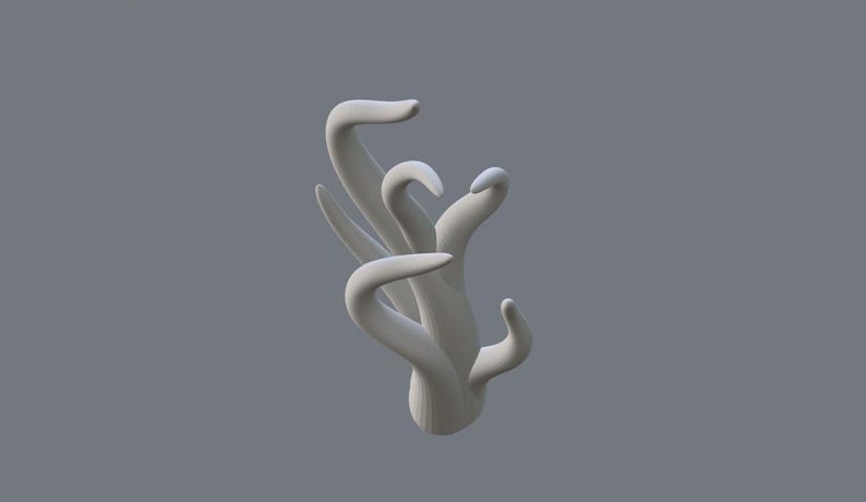 Peut inclure: Une sculpture abstraite en 3D, de couleur blanc cass&eacute; clair. La forme est compos&eacute;e de plusieurs formes organiques courbes qui s'entrelacent et s'&eacute;l&egrave;vent vers le haut. Le fond est gris uni et sourd.