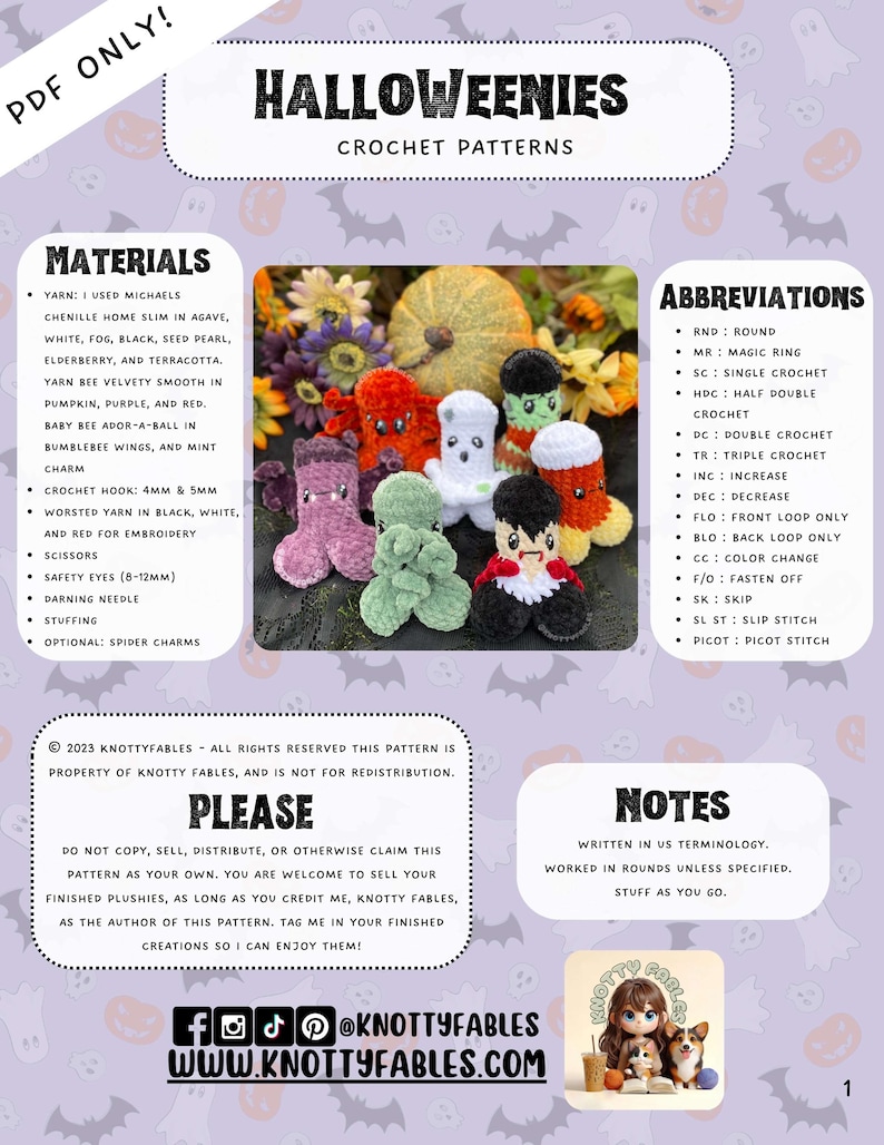 Peut inclure: Un livret de mod&egrave;les de crochet pour r&eacute;aliser des jouets amigurumi sur le th&egrave;me d'Halloween. La couverture pr&eacute;sente une vari&eacute;t&eacute; de personnages en crochet color&eacute;s, notamment un fant&ocirc;me, un vampire, une citrouille et une araign&eacute;e. Le titre du livret est "Halloweenies Crochet Patterns".