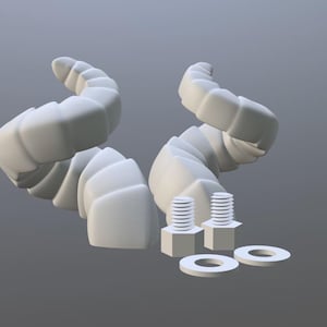 May include: Two white, curved, segmented horns, accompanied by two bolts, two nuts, and two washers. The horns have a textured, ridged appearance. The hardware is also white, with a simple, geometric design. The items are set against a grey background.