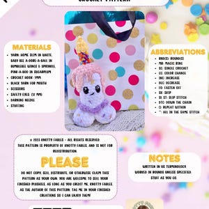 May include: Crochet pattern for a cake pop unicorn amigurumi toy. The pattern includes instructions for making the unicorn's body, head, horn, mane, tail, and wings. The pattern is written in US terminology and worked in rounds unless specified. The pattern is available as a PDF download.