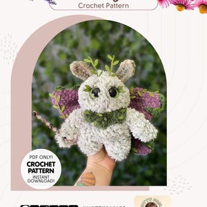 May include: A crochet pattern for a whimsical plush toy named Elowyn. The image features a fluffy, light gray creature with large, expressive eyes, leafy accents, and purple and green wings. The text "Elowyn Crochet Pattern" is displayed at the top.