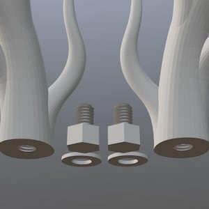 Peut inclure: Une sculpture abstraite gris clair avec deux formes en forme d'arbre et deux ensembles de quincaillerie. Chaque forme en forme d'arbre a une base arrondie avec un trou circulaire. La quincaillerie comprend des boulons, des rondelles et des &eacute;crous.