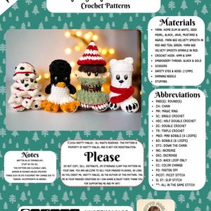May include: Crochet pattern for Willy Wonderland, a collection of amigurumi characters including a penguin, elf, and polar bear. The pattern includes instructions for crocheting the characters using various stitches and materials. The pattern is written in US terminology and includes a list of abbreviations.