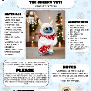 May include: Crochet pattern for a white yeti wearing a red and white scarf. The pattern is called "Asspen the Cheeky Yeti" and includes instructions for making the amigurumi toy. The pattern is available as a PDF download only.