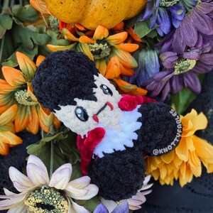 Peut inclure: Un jouet en peluche crochet&eacute; en forme de vampire avec une cape rouge et un col blanc. Le jouet a les cheveux noirs, un visage blanc et une bouche rouge avec des crocs. Le jouet est entour&eacute; de fleurs jaunes et violettes.