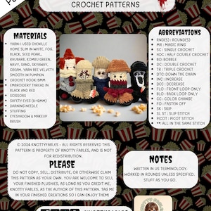 May include: A crochet pattern for making Scream Peens, a collection of amigurumi characters inspired by the Scream movie franchise. The pattern includes instructions for making Ghostface, Randy Meeks, and other characters. The pattern is written in US terminology and worked in rounds unless specified. The pattern is available as a PDF download.