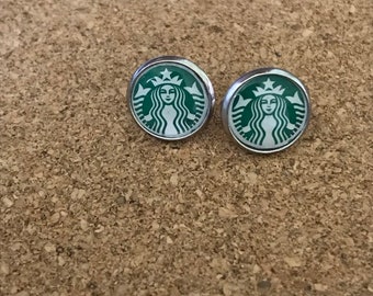 Pendientes reciclados de Starbucks/pendientes verdes/pendientes de botón/pendientes extravagantes/pendientes de Starbucks
