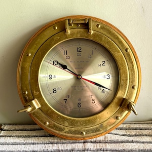 Vintage Bell Clock Co. Ship&#39;s Clock | Quartz Nautical Port Hole Hanging Clock | Brass Ship&#39;s Port Hole Clock | Brass Nautical Ship&#39;s Clock