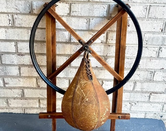 A Vintage Wall Mounted Boxing Speed Bag | Wood Frame and Leather Speed Bag | Antique Boxing Training Bag | Distressed Leather Speed Bag