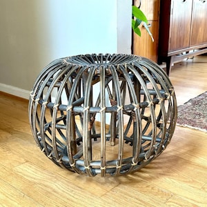Vintage Franco Albini Style Wicker Ottoman | Albini Style Rattan End Table | MCM Boho Rattan Ottoman | Stained Bamboo Round End Table