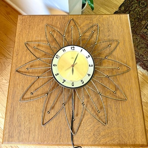 Vintage Lux Starburst Wall Clock | Gold Sunburst Electric Wall Clock | Mid Century Modern Wall Clock | Brass Atomic Wall Clock