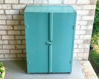 Primitive Wood Jelly Cabinet | Jelly Jar Cupboard | Rustic Turquoise Wood Pie Safe | Distressed Side Board Cabinet | Rustic Liquor Cabinet