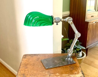 Vintage Industrial Articulating Desk Lamp | Industrial Articulating Arm Task Lamp | Green Glass Shade Articulating Lamp | Machinist Lamp