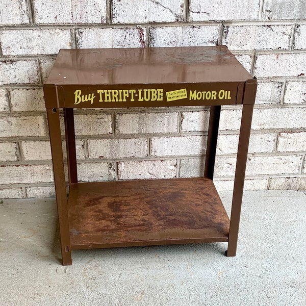 Vintage Metal Oil Advertisement Stand | Metal Thrift Oil Display Stand | Rustic Brown Oil Display Stand | Gas Station Oil Display