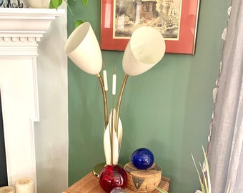 Vintage White and Gold Cattail And Calla Lily Lamp | MCM Double Gooseneck Cattail Lamp | Calla Lily Lamp |