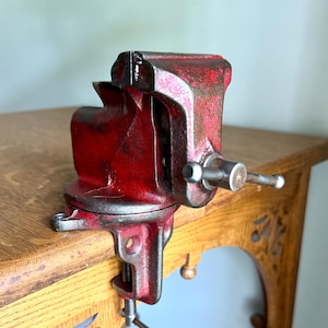 Vintage Red Jeweler&#39;s Vise and Anvil | Small Clamp-on Swivel Vise | 2 1/2&quot; Jaw Red Jeweler&#39;s Vise | Workbench Clamp-on Vise