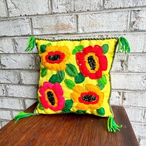 Vintage Embroidered Accent Pillow | Hooked Palermo Floral Throw Pillow | Bright Embroidered Pillow | Decorative Floral Pillow | Crewel Work